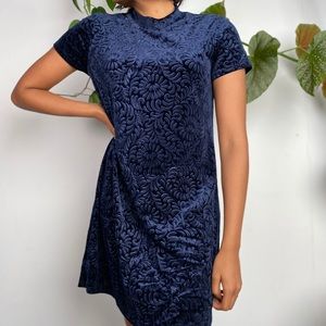 Navy mock-neck velvet dress